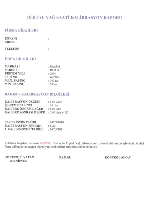 Sample digital oil meter calibration report